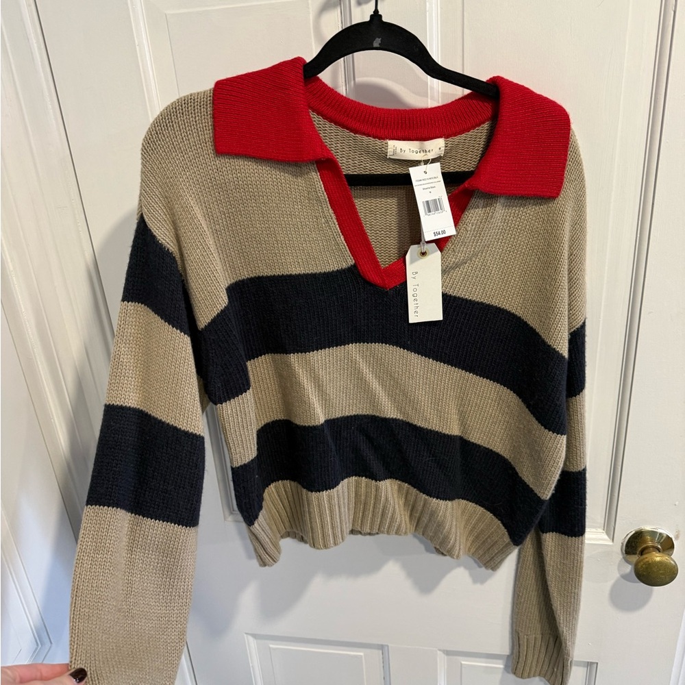 By Together Red Collar V-Neck Sweater - Picture 3 of 4